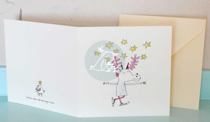 Weihnachtskarte - Grußkarte - Elch mit Schlittschuhen - karindrawings